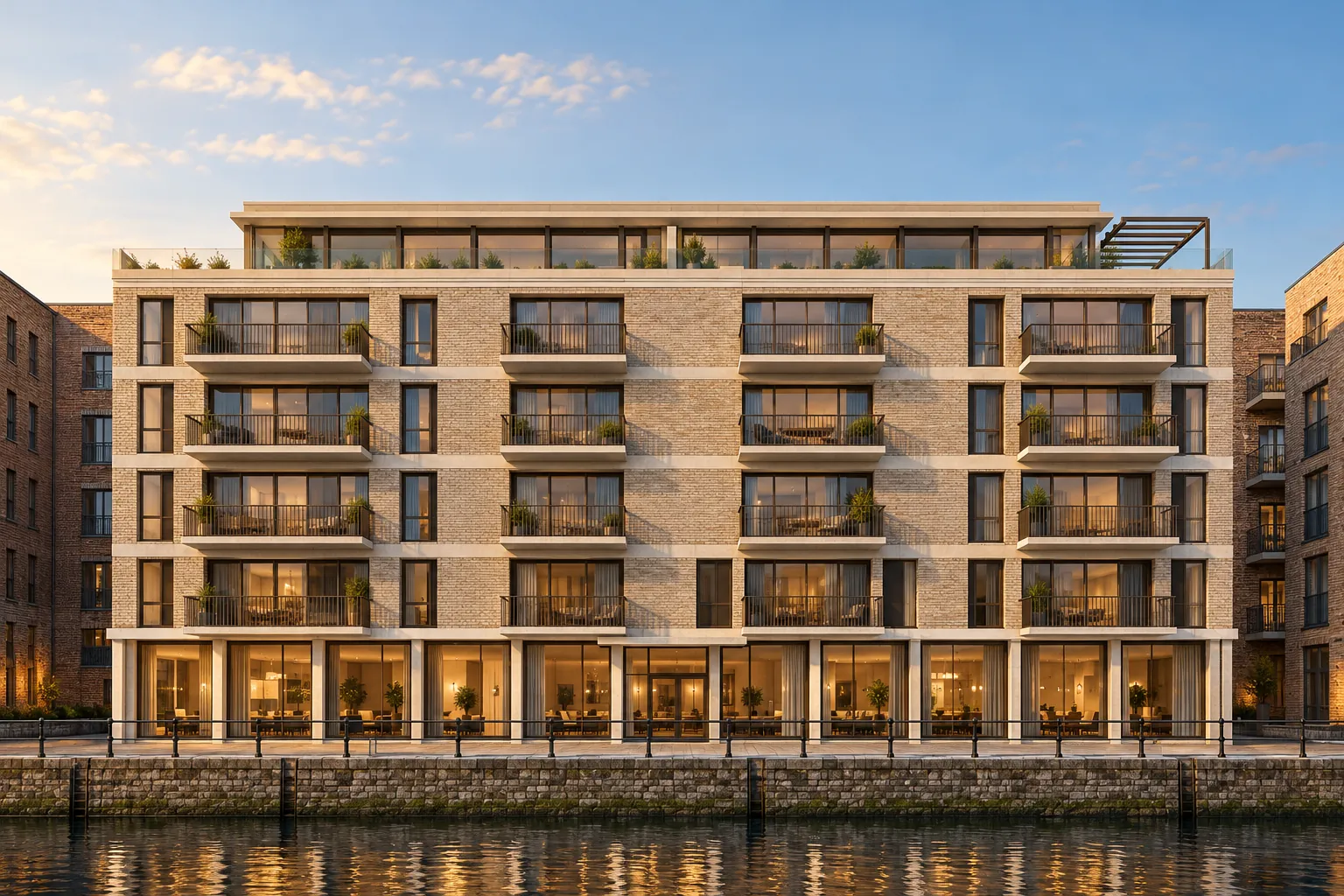 South elevation of Larkhythe Wharf with all homes, seen across the dock basin from the opposite quay — illustrative visualisation