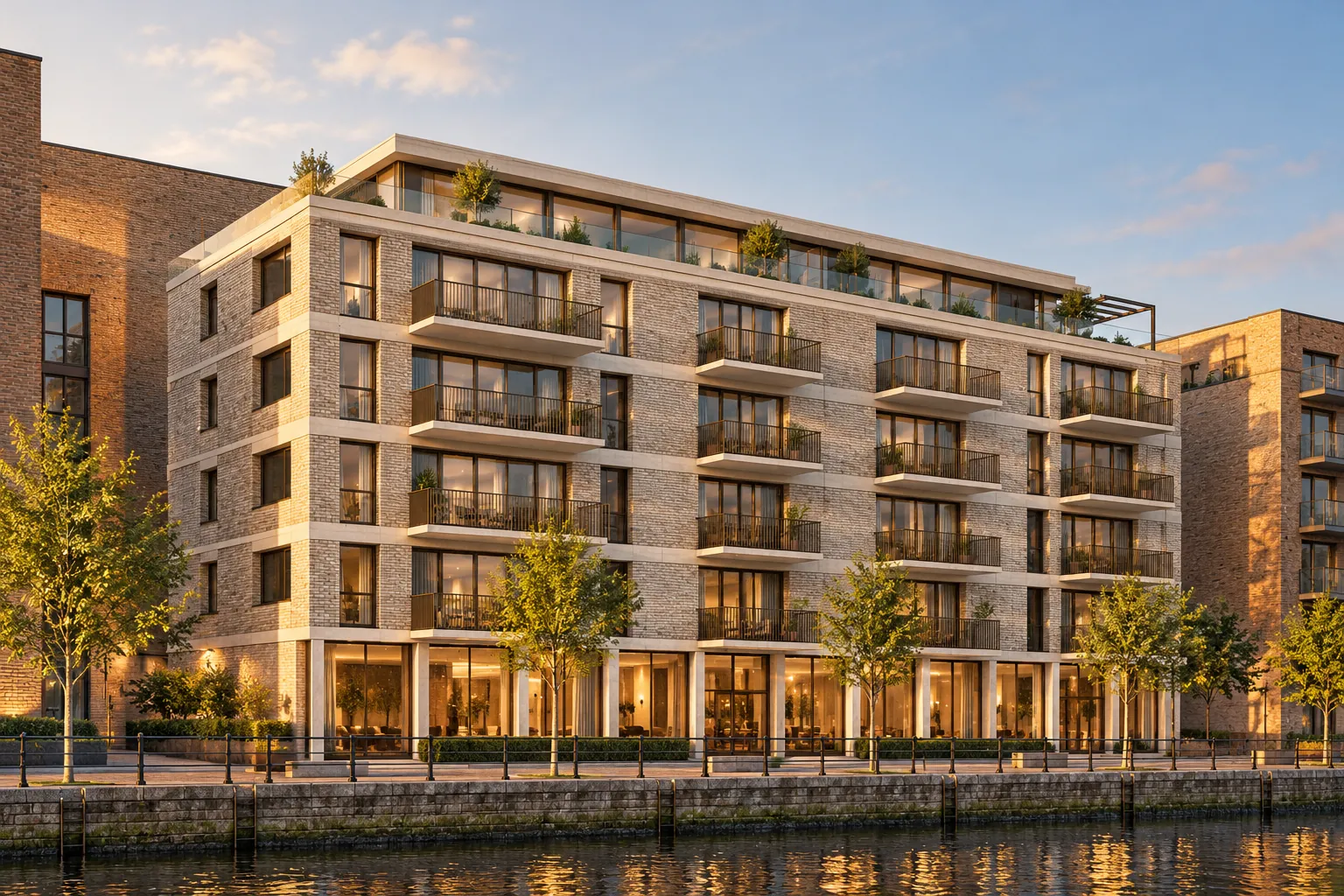 Larkhythe Wharf at golden hour: a six-storey brick apartment building with balconies and a set-back penthouse level on a former dock basin — illustrative visualisation