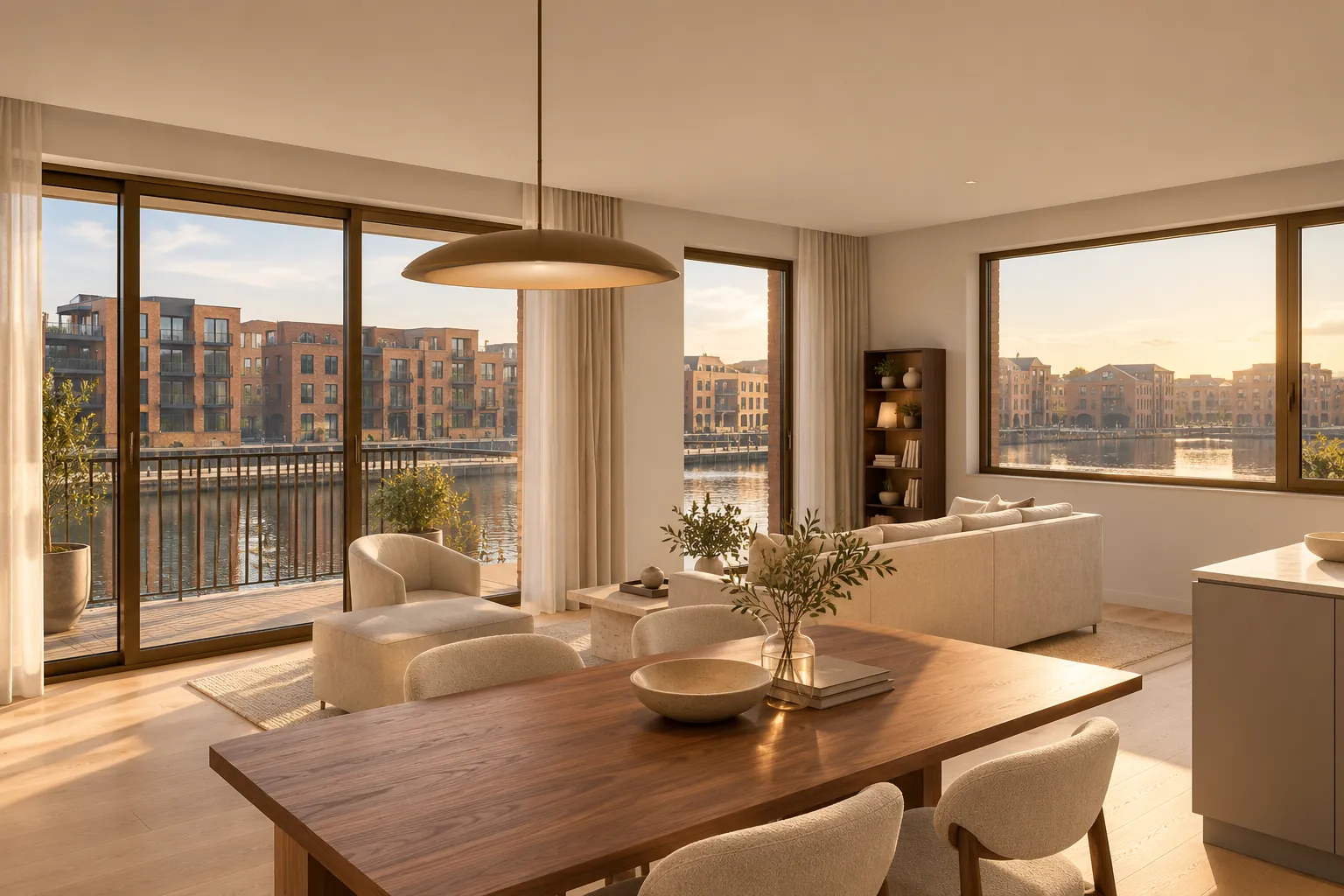 Living and dining room of a three-bedroom corner apartment opening onto the balcony above the dock — illustrative visualisation