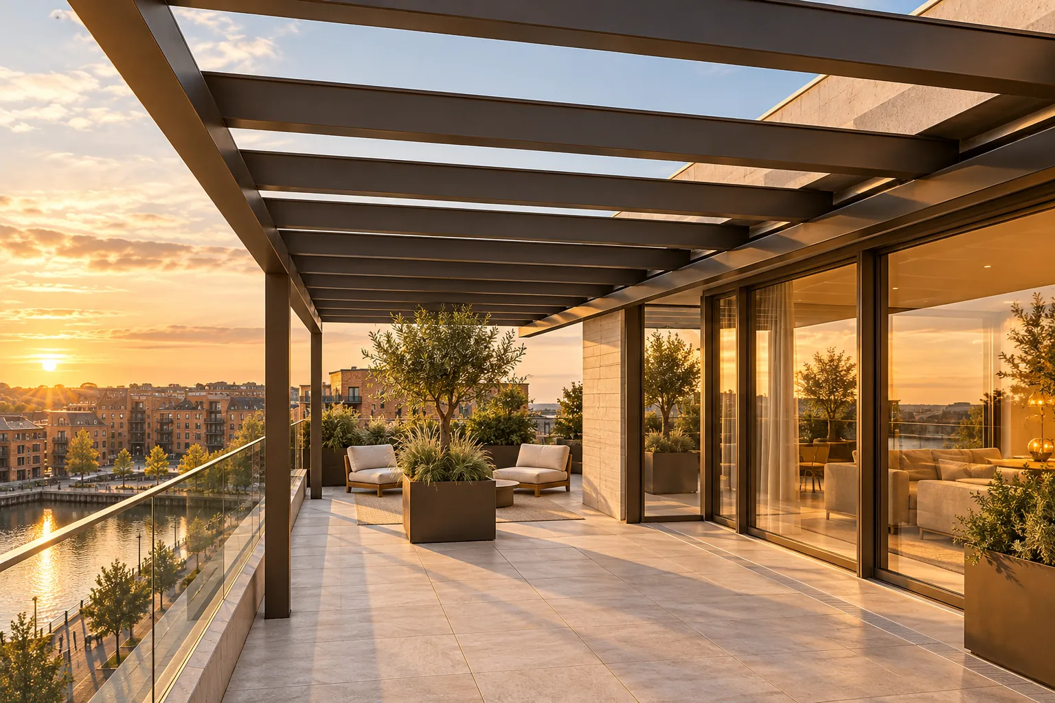 Penthouse roof terrace with pergola and planting above the dock basin — illustrative visualisation